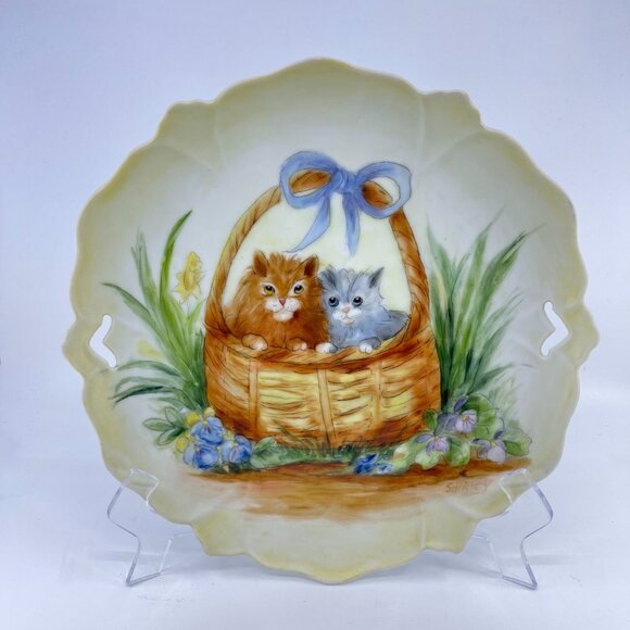 vintage hand painted plate kittens in basket scalloped edge handles signed - Picture 1 of 6